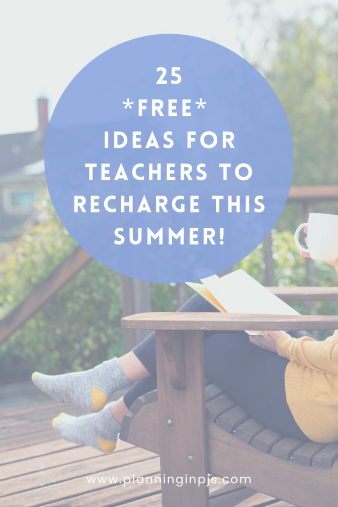 Teachers on Summer Break: Image of lower body of someone relaxing in a chair, reading a book and drinking a beverage in a mug