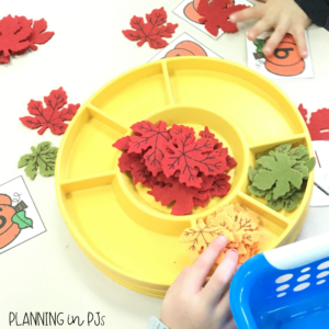 Fall math center sorting leaves