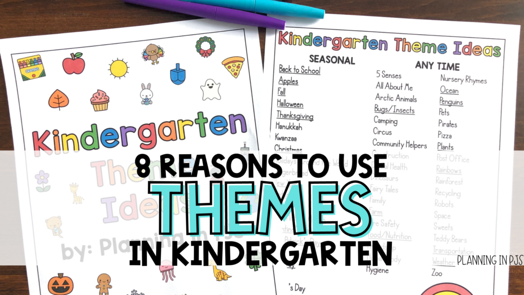 Wondering if you should use themes in your kindergarten classroom? There are many reasons why themes are useful! Themes make planning easier. They also make learning more meaningful for students, since they help make connections with their own lives. You can repeat concepts and they feel new again, and you can use themes to tie different subjects together. Themes help to teach about the passing of time, when we use seasons and holidays. They’re fun, and support student interests!