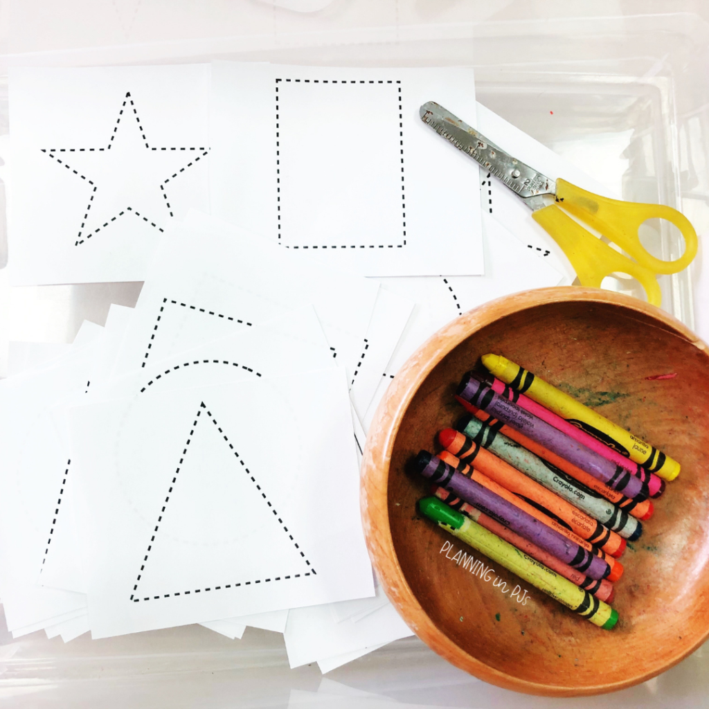Fine motor shapes practice for coloring, tracing or cutting, with crayons and scissors