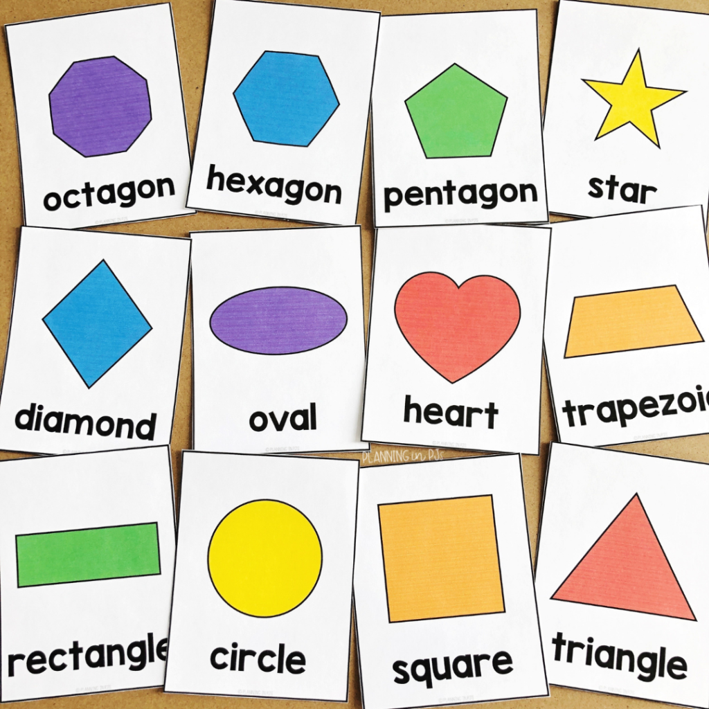 2D shapes flashcards in bright colors: rectangle, circle, square, triangle, diamond, oval, heart, trapezoid, octagon, hexagon, pentagon and star