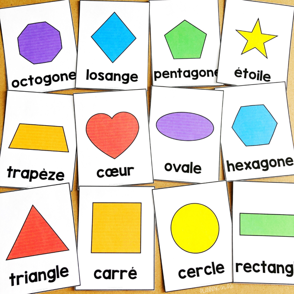 2D shapes flashcards in French in bright colors: rectangle, cercle, carré, triangle, losange, ovale, coeur, trapèze, octogone, hexagone, pentagone and étoile