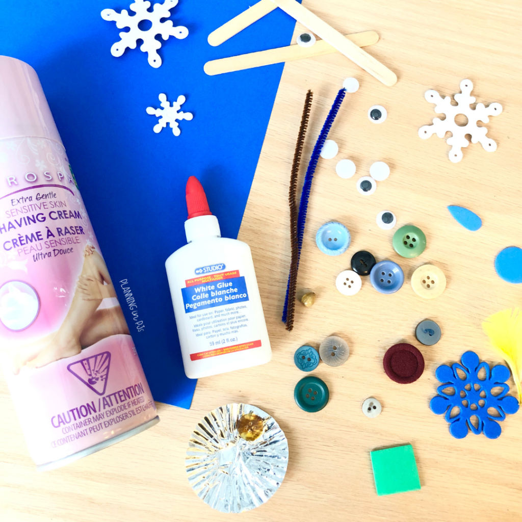 2-ingredient puffy paint snowman! Use shaving cream and white glue to create paint, make your snowman and add scraps and found items for decorations