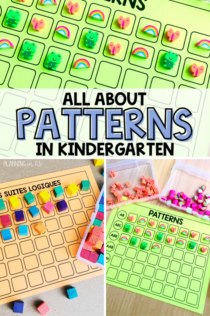 Looking for ideas for teaching patterns in Kindergarten? This blog post has everything you need! Check it out to find out what patterns to teach, where to start and activities to practice patterns in kindergarten math. We can incorporate patterns into everyday classroom life! We can practice during calendar time, whole group games, guided math groups, math centers, morning tubs, during art, and using technology such as boom cards. Grab a free patterns mat available in English and French!