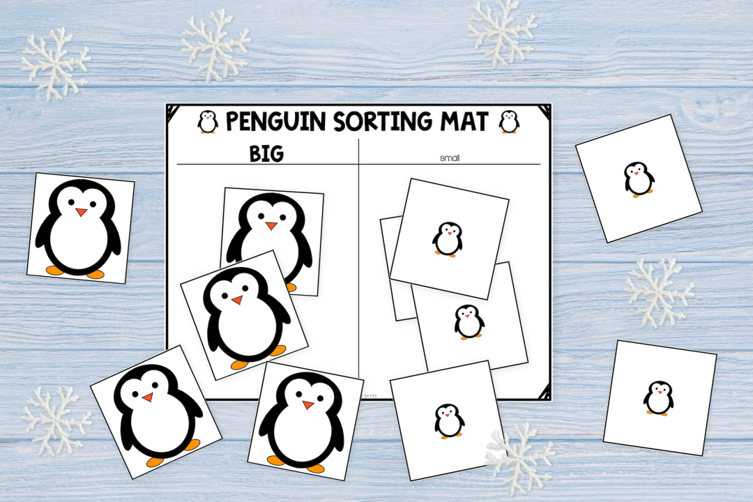 Penguins size sorting by big and small. Sorting mat and penguin size cards.